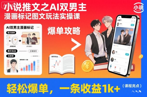 小说推文之AI双男主漫画标记图文玩法实操课,轻松爆单,一条收益1k+-皓哥创业笔记