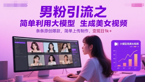 男粉引流之简单利用大模型生成美女视频,条条原创爆款,简单上传制作,变现日1k+-皓哥创业笔记