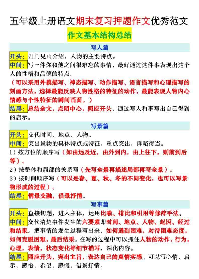 五上语文期末押题作文优秀范文