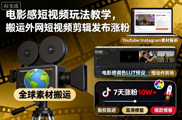 电影感短视频玩法教学，搬运外网短视频剪辑发布涨粉-皓哥创业笔记