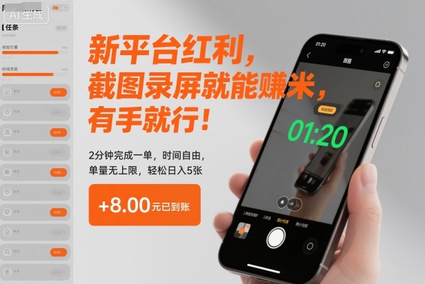 新平台红利，截图录屏就能賺米，有手就行！2分钟完成一单，时间自由，单量无上限，轻松日入5张【揭秘】-皓哥创业笔记