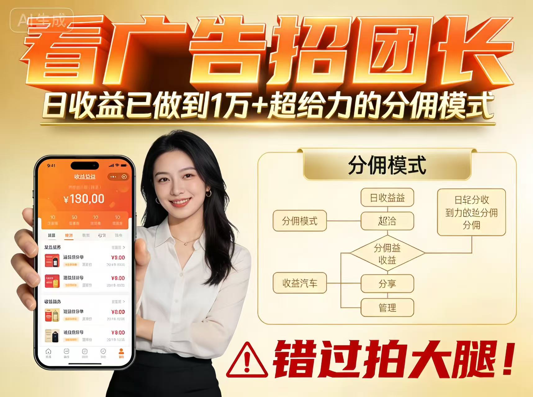 看广告招团长，团队收益已做到日入1万，分佣模式超给力，错过拍大腿-皓哥创业笔记