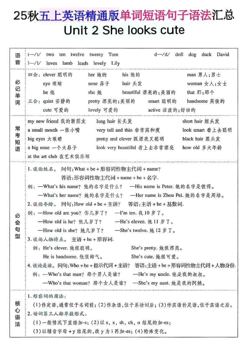 五年级上上英语单词短语句子语法汇总人教精通版