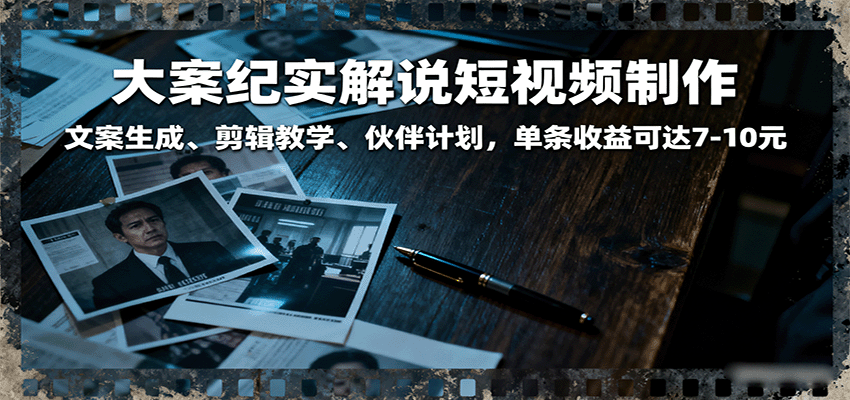 大案纪实解说短视频制作，文案生成、剪辑教学、伙伴计划，单条收益可达7-10元-皓哥创业笔记